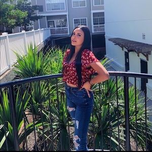 red floral tie front top